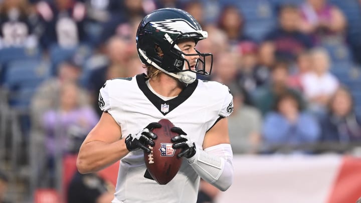 Aug 15, 2024; Foxborough, MA, USA; Philadelphia Eagles quarterback Kenny Pickett (7) looks to pass against the New England Patriots during the first half at Gillette Stadium. Mandatory Credit: Eric Canha-USA TODAY Sports