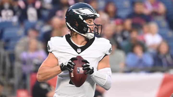 Aug 15, 2024; Foxborough, MA, USA; Philadelphia Eagles quarterback Kenny Pickett (7) looks to pass against the New England Patriots during the first half at Gillette Stadium. Mandatory Credit: Eric Canha-USA TODAY Sports