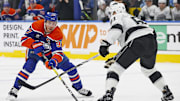 Edmonton Oilers forward Connor McDavid skates against Los Angeles Kings forward Trevor Lewis