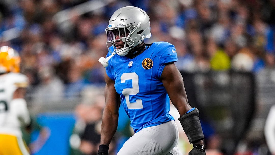Detroit Lions safety Daniel Thomas (2) celebrates a play against Green Bay Packers during the first half at Ford Field in Detroit on Thursday, Nov. 27, 2025.