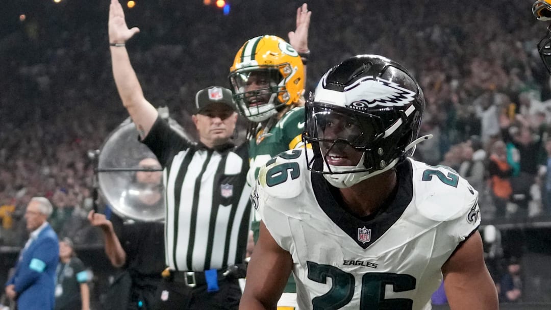 Philadelphia Eagles running back Saquon Barkley scored three touchdowns against the Packers in Brazil last season.