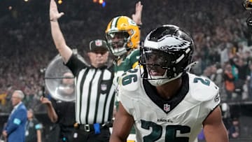 Philadelphia Eagles running back Saquon Barkley scored three touchdowns against the Packers in Brazil last season.