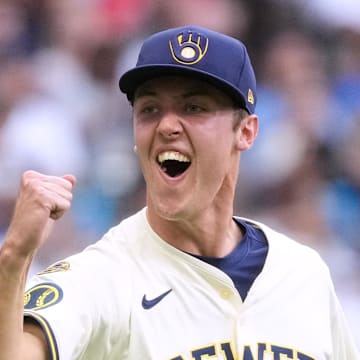 Milwaukee Brewers pitcher Jacob Misiorowski (32) reacts following the final out of the third inning against the Los Angeles Dodgers at American Family Field on July 8. 