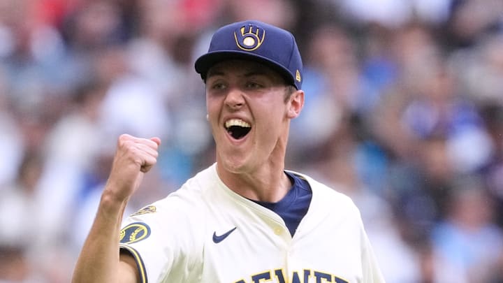 Milwaukee Brewers pitcher Jacob Misiorowski (32) reacts following the final out of the third inning against the Los Angeles Dodgers at American Family Field on July 8. 
