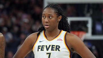 Aug 31, 2025; San Francisco, California, USA; Indiana Fever forwards Natasha Howard (6) and Aliyah Boston (7) stand on the court during the third quarter against the Golden State Valkyries at Chase Center. Mandatory Credit: Darren Yamashita-Imagn Images