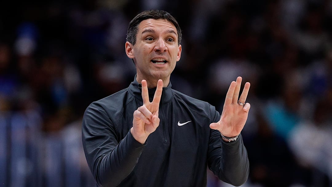 May 15, 2025; Denver, Colorado, USA; Oklahoma City Thunder head coach Mark Daigneault gestures in the third quarter against the Denver Nuggets during game six of the second round for the 2025 NBA Playoffs at Ball Arena. Mandatory Credit: Isaiah J. Downing-Imagn Images