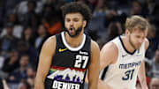 Nov 24, 2025; Memphis, Tennessee, USA; Denver Nuggets guard Jamal Murray (27) reacts after a three point basket during the fourth quarter against the Memphis Grizzlies at FedExForum.