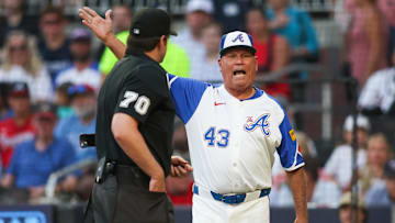 Aug 24, 2024; Atlanta, Georgia, USA; Atlanta Braves manager Brian Snitker (43) argues with umpires against the Washington Nationals in the second inning at Truist Park. Mandatory Credit: Brett Davis-Imagn Images
