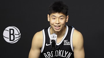 Sep 30, 2024; Brooklyn, NY, USA;  Brooklyn Nets forward Yongxi Cui (8) at Brooklyn Nets Media Day at HSS Training Center. Mandatory Credit: Wendell Cruz-Imagn Images