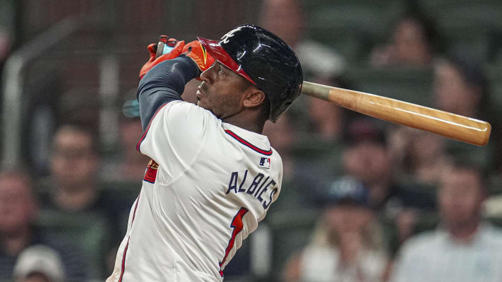 Jun 17, 2024; Cumberland, Georgia, USA; Atlanta Braves second baseman Ozzie Albies (1) hits a go ahead home run against the Detroit Tigers during the eighth inning at Truist Park. Mandatory Credit: Dale Zanine-USA TODAY Sports