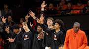 The Oregon State bench celebrates a three-pointer during an NCAA basketball game at Gill Coliseum on Saturday, Jan. 4, 2025, in Corvallis, Ore.