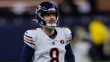 Nov 5, 2023; New Orleans, Louisiana, USA;  Chicago Bears place kicker Cairo Santos (8) during warmups before the game against the New Orleans Saints at the Caesars Superdome. Mandatory Credit: Stephen Lew-Imagn Images