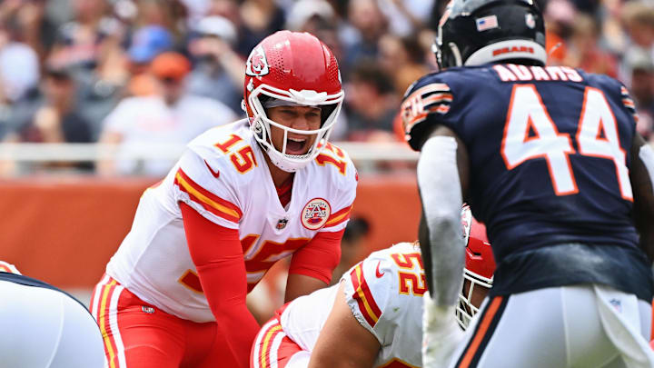 Kansas City Chiefs quarterback Patrick Mahomes calls signals against the Chicago Bears at Soldier Field. Kansas City Chiefs quarterback Patrick Mahomes calls signals against the Chicago Bears at Soldier Field.