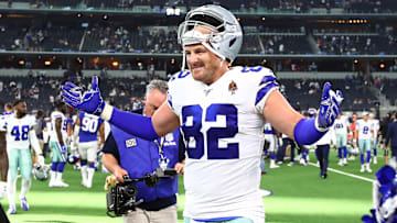 Sep 8, 2019; Arlington, TX, USA; Dallas Cowboys tight end Jason Witten (82) celebrates after the game against the New York Giants at AT&T Stadium. Mandatory Credit: Matthew Emmons-Imagn Images