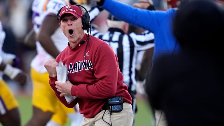 Oklahoma coach Brent Venables shouts during a college football game between the University of Oklahoma Sooners (OU) and the LSU Tigers at Gaylord Family – Oklahoma Memorial Stadium in Norman, Okla., Saturday, Nov. 29, 2025. Oklahoma won 17-13.