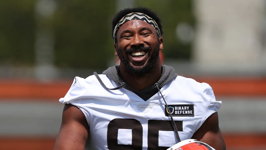 Cleveland Browns defensive end Myles Garrett smiles during minicamp. | Jeff Lange / USA TODAY NETWORK via Imagn Images