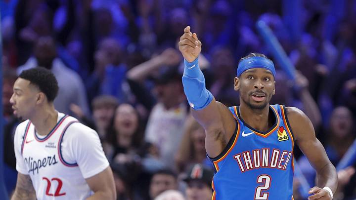 Dec 18, 2025; Oklahoma City, Oklahoma, USA; Oklahoma City Thunder guard Shai Gilgeous-Alexander (2) gestures after scoring against the Los Angeles Clippers during the second half at Paycom Center. Mandatory Credit: Alonzo Adams-Imagn Images