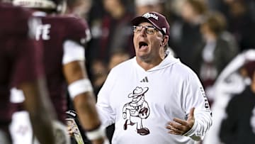 Nov 30, 2024; College Station, Texas, USA; Texas A&M Aggies head coach Mike Elko reacts during the second half against the Texas Longhorns. The Longhorns defeated the Aggies 17-7. at Kyle Field. Mandatory Credit: Maria Lysaker-Imagn Images 