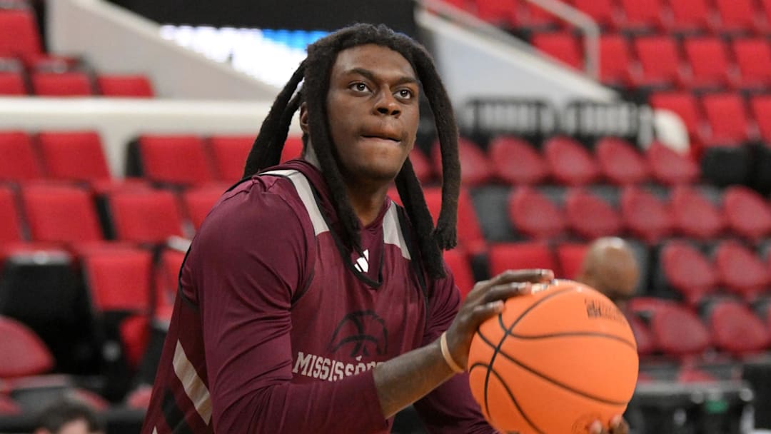 Mar 20, 2025; Raleigh, NC, USA;  Mississippi State basketball forward KeShawn Murphy (3) during NCAA pre tournament practice at Lenovo Center. 