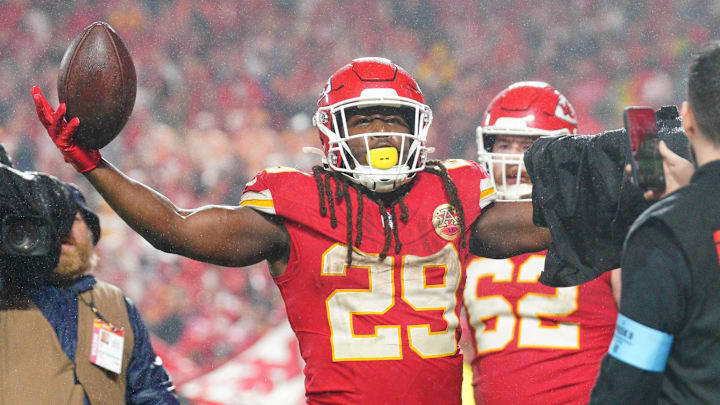 Kansas City Chiefs running back Kareem Hunt celebrates after scoring the winning touchdown in overtime against the Buccaneers.