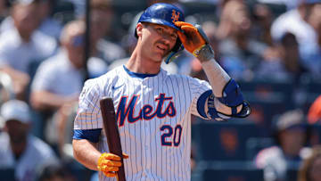 Aug 21, 2024; New York City, New York, USA; New York Mets first baseman Pete Alonso (20) at bat during the fourth inning against the Baltimore Orioles at Citi Field. Mandatory Credit: Vincent Carchietta-Imagn Images