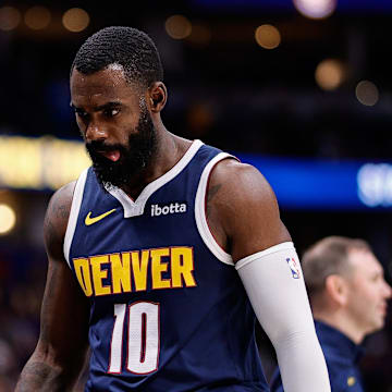 Oct 29, 2025; Denver, Colorado, USA; Denver Nuggets guard Tim Hardaway Jr. (10) comes off the court in the fourth quarter against the New Orleans Pelicans at Ball Arena. Mandatory Credit: Isaiah J. Downing-Imagn Images