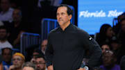 Nov 17, 2025; Miami, Florida, USA; Miami Heat head coach Erik Spoelstra watches from the sideline against the New York Knicks during the first quarter at Kaseya Center. Mandatory Credit: Sam Navarro-Imagn Images