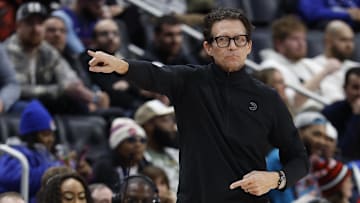Feb 3, 2025; Detroit, Michigan, USA;  Atlanta Hawks head coach Quin Snyder on the sideline in the second half against the Detroit Pistons at Little Caesars Arena. Mandatory Credit: Rick Osentoski-Imagn Images