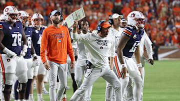 Oct 11, 2025; Auburn, Alabama, USA;  Auburn Tigers head coach Hugh Freeze reacts to a call during the second quarter against the Georgia Bulldogs at Jordan-Hare Stadium. Mandatory Credit: John Reed-Imagn Images