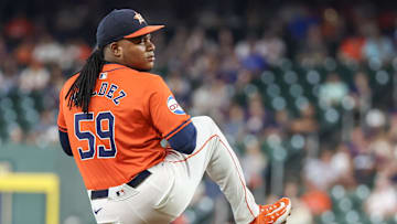 Aug 30, 2024; Houston, Texas, USA; Houston Astros starting pitcher Framber Valdez (59) pitches against the Kansas City Royals in the first inning at Minute Maid Park. Mandatory Credit: Thomas Shea-Imagn Images