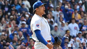 May 26, 2025; Chicago, Illinois, USA; Chicago Cubs relief pitcher Daniel Palencia (48) celebrates after defeating the Colorado Rockies at Wrigley Field. 