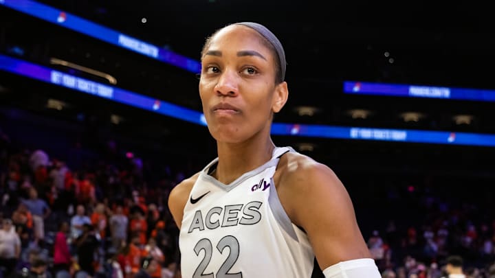 Oct 8, 2025; Phoenix, Arizona, USA; Las Vegas Aces center A'ja Wilson (22) against the Phoenix Mercury during game three of the 2025 WNBA Finals at PHX Arena. Mandatory Credit: Mark J. Rebilas-Imagn Images