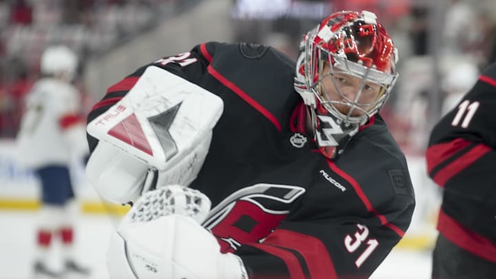 May 20, 2025; Raleigh, North Carolina, USA; Carolina Hurricanes goaltender Frederik Andersen (31) warms up priorto the during the first period against the Florida Panthers in game one of the Eastern Conference Final of the 2025 Stanley Cup Playoffs at Lenovo Center. Mandatory Credit: James Guillory-Imagn Images