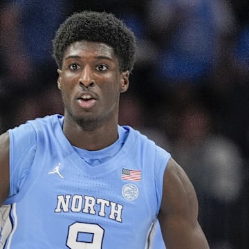Mar 14, 2025; Charlotte, NC, USA; North Carolina Tar Heels guard Drake Powell (9) during the first half against the Duke Blue Devils at Spectrum Center. Mandatory Credit: Jim Dedmon-Imagn Images