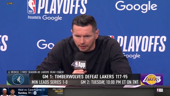 Los Angeles Lakers coach JJ Redick on April 19, 2025. Los Angeles Lakers coach JJ Redick on April 19, 2025.