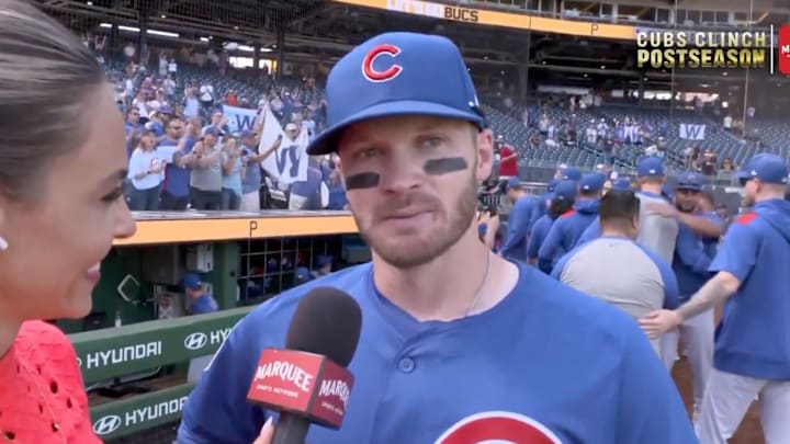 Chicago Cubs outfielder Ian Happ was emotional after the team clinched a playoff spot.