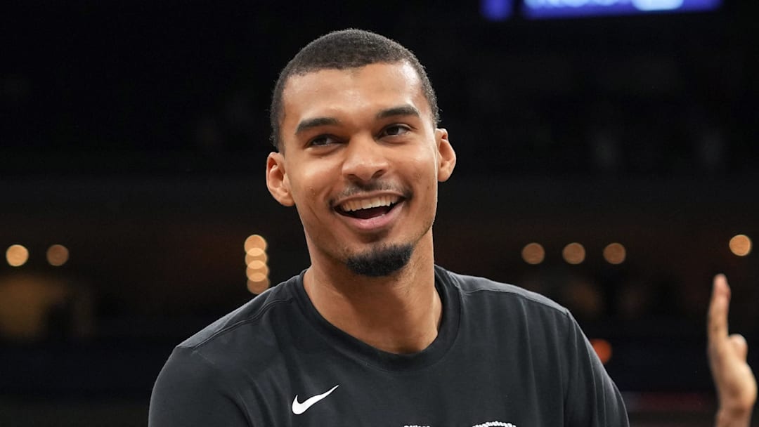 Feb 19, 2026; Austin, Texas, USA; San Antonio Spurs forward Victor Wembanyama (1) leads the crowd in a cheer after a victory over the Phoenix Suns at Moody Center. Mandatory Credit: Scott Wachter-Imagn Images