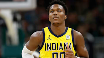 Indiana Pacers wing Bennedict Mathurin (00) during a playoff game against the Milwaukee Bucks in 2025.