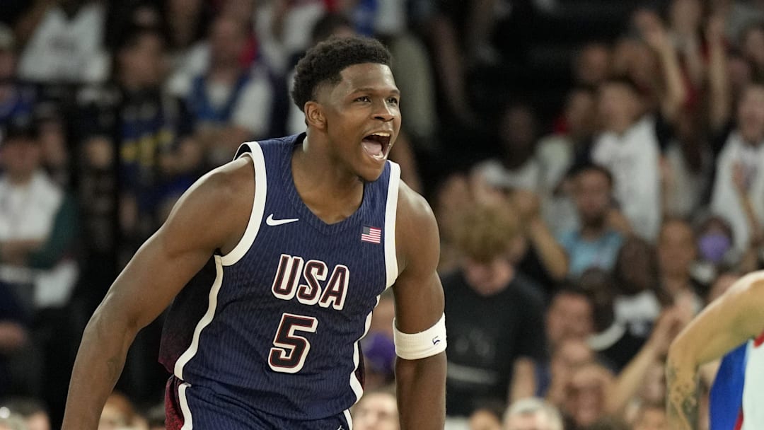 Aug 10, 2024; Paris, France; United States guard Anthony Edwards (5) reacts against France in the second half in the men's basketball gold medal game during the Paris 2024 Olympic Summer Games at Accor Arena. Mandatory Credit: Kyle Terada-Imagn Images