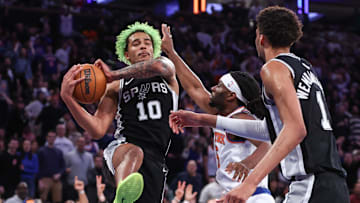 San Antonio Spurs forward Jeremy Sochan (10) grabs a rebound in the fourth quarter against the New York Knicks at Madison Square Garden. 