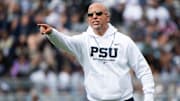 Penn State head football coach James Franklin reacts to something on the sideline during the Blue-White game at Beaver Stadium on Saturday, April 26, 2025, in State College. The White team defeated the Blue team, 10-8.