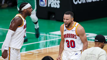 Nov 6, 2024; Boston, Massachusetts, USA; Golden State Warriors guard Stephen Curry (30) reacts during the second half against the Boston Celtics at TD Garden. Mandatory Credit: Paul Rutherford-Imagn Images