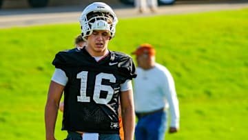 Texas Longhorns quarterback, Arch Manning during his first practice of the spring season.
