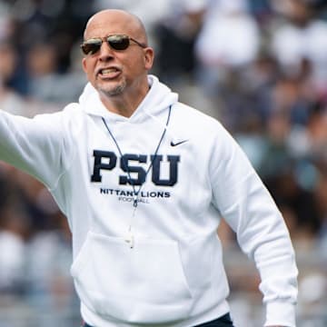 Penn State head football coach James Franklin reacts to something on the sideline during the Blue-White game at Beaver Stadium on Saturday, April 26, 2025, in State College. The White team defeated the Blue team, 10-8.