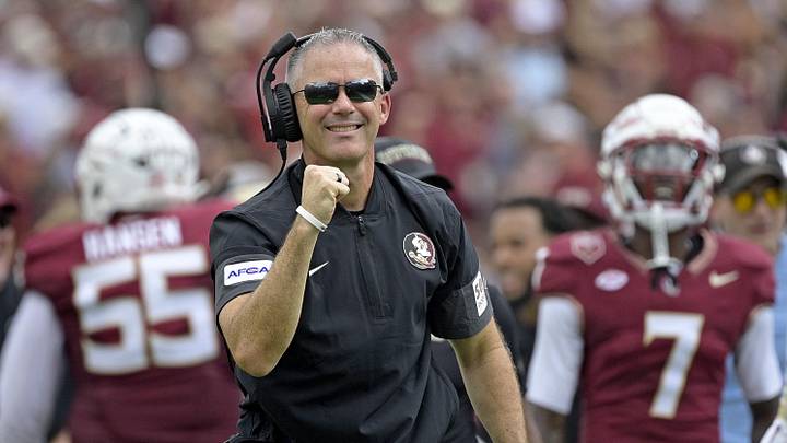 Sep 20, 2025; Tallahassee, Florida, USA; Florida State Seminoles head coach Mike Norvell reacts after a touchdown during the first half against the Kent State Golden Flashes at Doak S. Campbell Stadium. Mandatory Credit: Melina Myers-Imagn Images