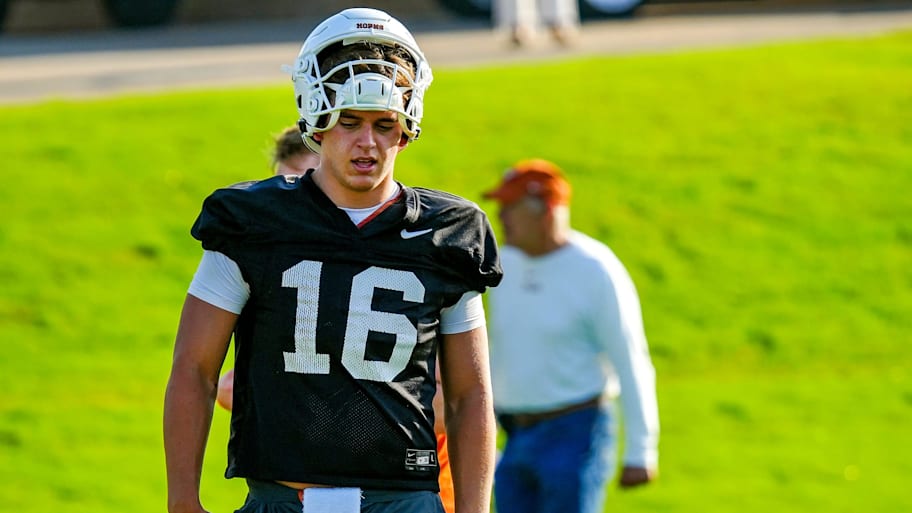 Texas Longhorns quarterback, Arch Manning during his first practice of the spring season on Tuesday, March 25, 2025. | Ricardo B. Brazziell/American-Statesman / USA TODAY NETWORK via Imagn Images