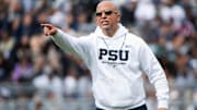 Penn State head football coach James Franklin reacts during the Blue-White Game at Beaver Stadium. 