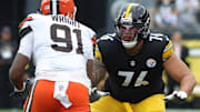  Pittsburgh Steelers offensive tackle Troy Fautanu (76), the former Husky, blocks Cleveland defensive end Alex Wright.