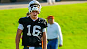 Texas Longhorns quarterback, Arch Manning during his first practice of the spring season.