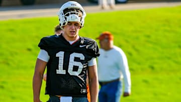 Texas Longhorns quarterback, Arch Manning during his first practice of the spring season.